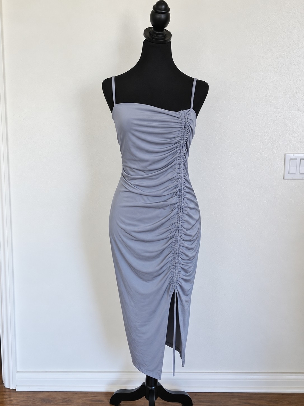 Ruched Slip Midi Dress in Light Gray